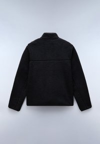 Black fleece jacket with a high collar, textured fabric, and long sleeves. Features a horizontal seam detail across the back.