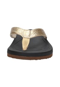 Black flip-flop sandal with a textured gold strap, featuring a thong design, rubber outsole, and subtle grooves on the footbed.