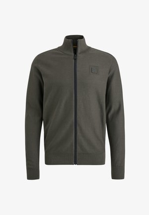 Donkergroen zip-up trui, geribde mouwen en onderrand, gestructureerde stof, met een klein logo op de linkerborst.