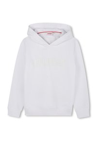 Haut à capuche blanc avec une poche kangourou, un cordon de serrage à la capuche et un logo "HUGO" discret en couleur claire. Tissu doux, poignets et ourlet côtelés.