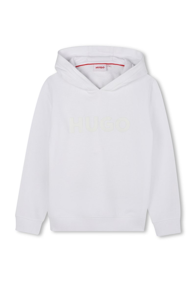 Haut à capuche blanc avec une poche kangourou, un cordon de serrage à la capuche et un logo "HUGO" discret en couleur claire. Tissu doux, poignets et ourlet côtelés.