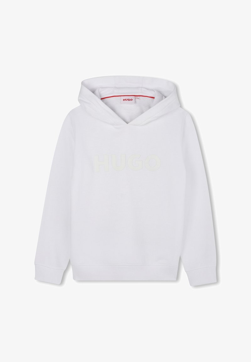 Haut à capuche blanc avec une poche kangourou, un cordon de serrage à la capuche et un logo "HUGO" discret en couleur claire. Tissu doux, poignets et ourlet côtelés.