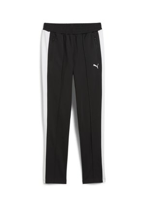 Zwarte sportbroek met witte zijstrepen, gemaakt van lichtgewicht materiaal, met een elastische tailleband en ritszakken. Logo op de voorkant.