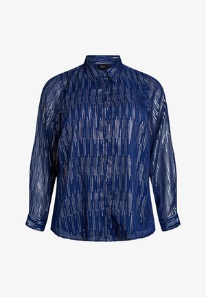 Navy blue long-sleeve sheer blouse with silver vertical dotted stripes, button-down front, and classic collar.