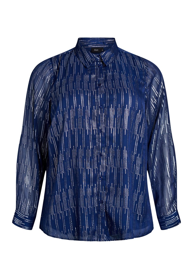 Blusa de manga larga de organza azul marino con rayas verticales punteadas en plata, con botones en la parte delantera y cuello clásico.