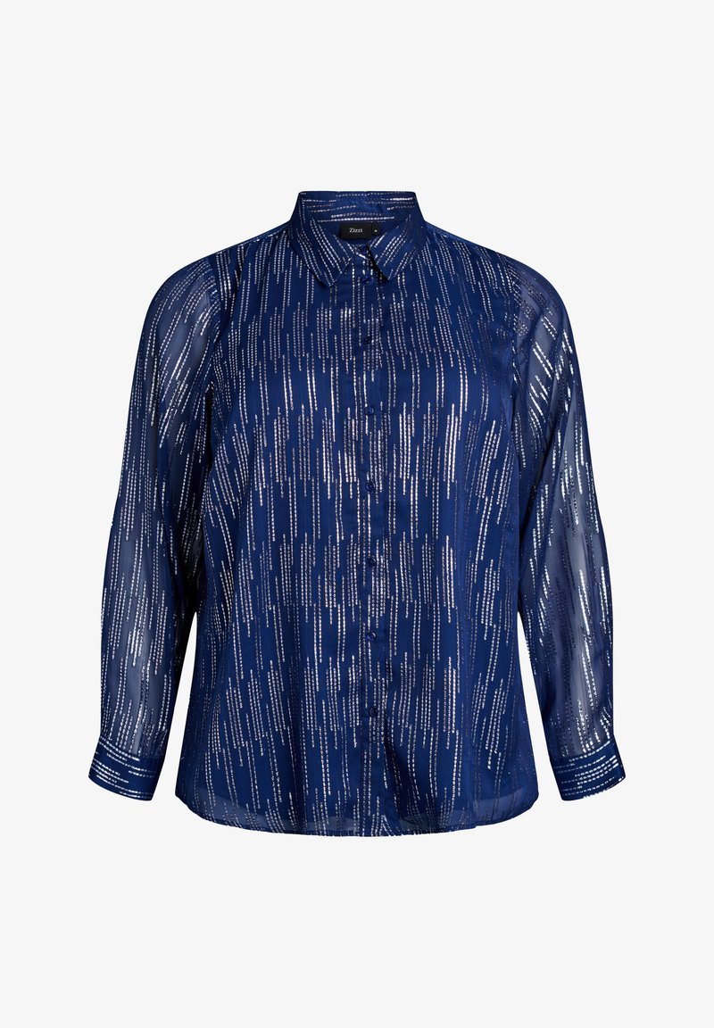 Blusa trasparente a maniche lunghe blu navy con strisce verticali a punti argento, apertura frontale con bottoni e colletto classico.