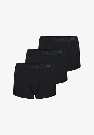 Schwarze Boxershorts im Dreierpack. Hergestellt aus Baumwolle, mit einem weichen Bund, auf dem der Markenname in Grau gedruckt ist.