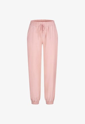 Pantalones de chándal de color rosa claro, hechos de una tela suave, con una cinturilla elástica con cordón, puños ajustados y un ajuste relajado.