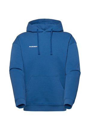 Sweat à capuche Mammut bleu avec poche kangourou avant, capuche avec cordon de serrage et manches longues sur fond blanc.