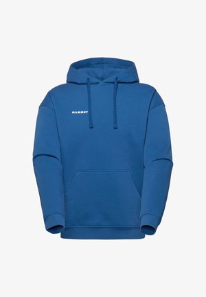 Blå Mammut-hoodie med forlommekanguru, snørejusteret hætte og lange ærmer mod en hvid baggrund.