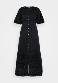 Abito maxi nero con chiusura a bottoni sul davanti, maniche corte rifinite in pizzo, tessuto testurizzato e elementi di design a balze all'orlo.
