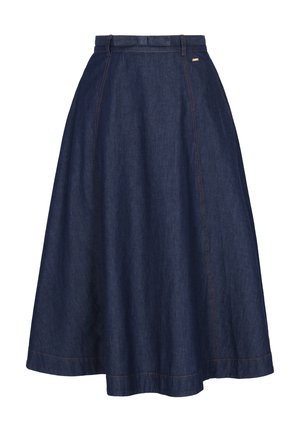 Granatowa midi spódnica dżinsowa o sylwetce w literę A, z szlufkami na pasek i subtelnymi detalami przeszyć na panelach i na dole.