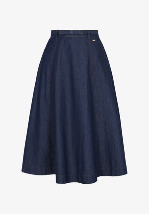 Granatowa midi spódnica dżinsowa o sylwetce w literę A, z szlufkami na pasek i subtelnymi detalami przeszyć na panelach i na dole.