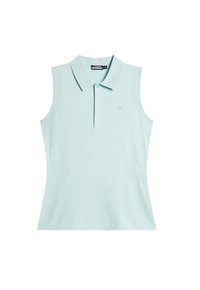 Ärmlös polotröja i ljusblått med krage, som har en knappslå och texturerade meshpaneler på sidorna. Logotyp på bröstet.