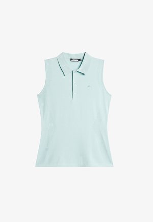 Hihaton pikepaita vaaleansinisellä värillä, jossa on kaulus, napitus ja tekstuuriset verkko-osat sivuilla. Brändilogo rinnassa.