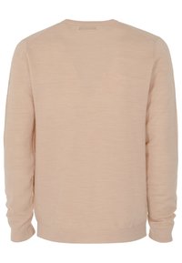 Pull en maille beige à manches longues avec poignets et ourlet côtelés, vu de dos sur fond blanc.