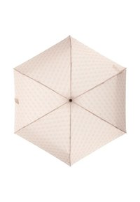 Ombrello esagonale di colore rosa chiaro con un sottile motivo decorativo e un bottone centrale nero, mostrato vista dall'alto su uno sfondo bianco.