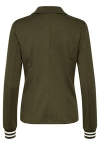 Olivgrön jacka med krage, långa ärmar och randiga manschetter. Har en figurnära design med sömmar och en slät yta.