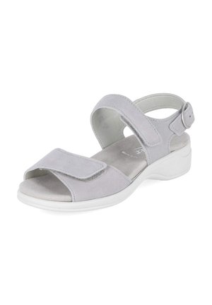Sandalia gris claro con puntera abierta, tiras ajustables de Velcro sobre los dedos y el tobillo, plantilla acolchada y suela blanca baja.