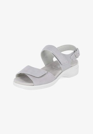 Sandale gris clair à bout ouvert avec brides Velcro réglables sur les orteils et la cheville, semelle intérieure rembourrée et semelle blanche basse.