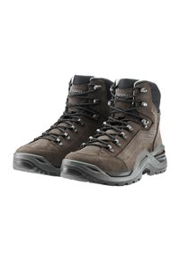 Scarpe da trekking in pelle marrone con colletto imbottito, ganci in metallo per i lacci e dettagli in sintetico nero. Suole in gomma spessa con battistrada per la trazione.