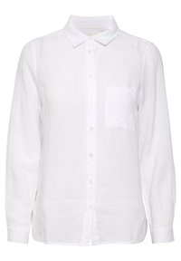 Valkoinen pitkähihaisen paita, joka on valmistettu pellavasta. Paidassa on napitettavat edessä, kaulus ja yksi rintatasku. Pehmeä pinta ja rento istuvuus.