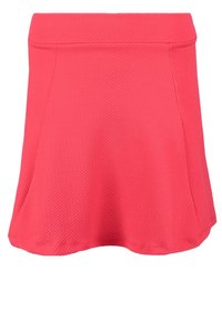 Roze skaterskirt gemaakt van textuurstof, met een gladde tailleband en uitlopende uitstraling. Het heeft een effen kleur zonder patronen of accenten.