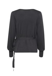 Dunkelgraues Langarmshirt mit lockerem Schnitt, einer Taillenschleife, plissiertem Rückenteil sowie gerippten Bündchen und Saum. Glattes, leichtes Material.