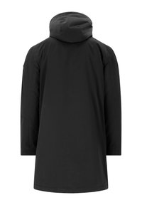 Svart, huva ytterkläder med en figurnära silhuett, långa ärmar och en slät, matt yta. Har en ren, minimalistisk design.