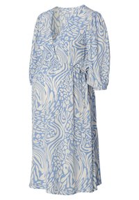 Blau-weißes, abstrakt gemustertes Midi-Wickelkleid mit dreiviertellangen Puffärmeln und seitlichem Taillengürtel.