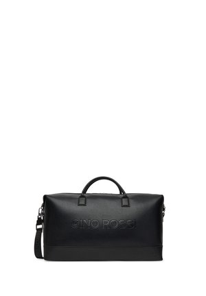 Bolsa de viaje de cuero negro con el logo en relieve "GINO ROSSI", asas superiores y correa de hombro desmontable sobre fondo blanco.