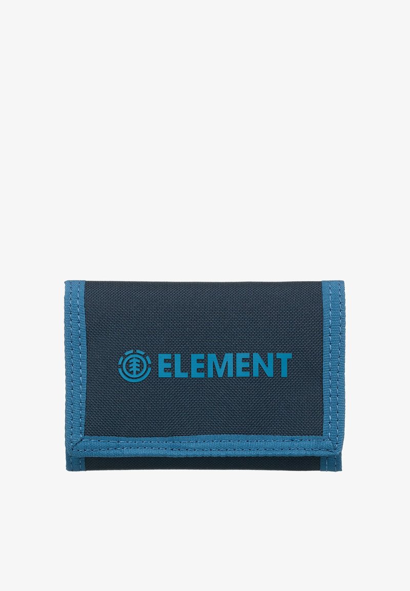 Sammenfoldet blå og sort stofpung med blå kant og "ELEMENT"-logo i blå på forsiden.