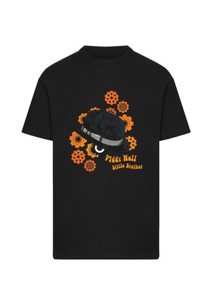 Black t-shirt featuring a graphic design of a hat and orange gears. Text reads "Viddy Well Little Brother," with a bold, distinct font.