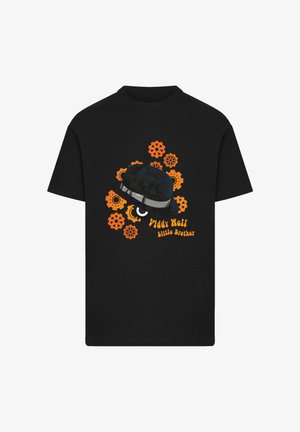 Black t-shirt featuring a graphic design of a hat and orange gears. Text reads "Viddy Well Little Brother," with a bold, distinct font.