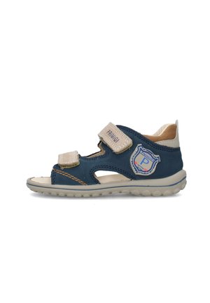 Sandalo aperto per bambini blu e beige con due cinturini in velcro e logo a scudo sul lato, con suola in gomma.