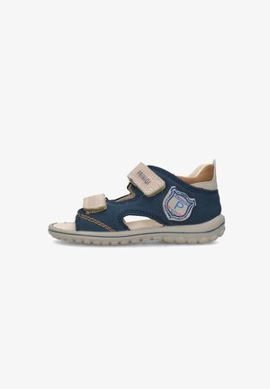 Sandalo aperto per bambini blu e beige con due cinturini in velcro e logo a scudo sul lato, con suola in gomma.