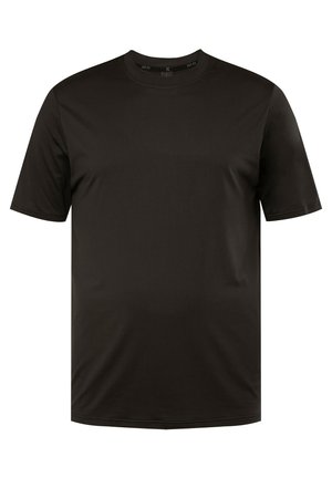 Zwart T-shirt met korte mouwen, gemaakt van gladde stof, met een ronde hals en een ontspannen pasvorm. Geen zichtbare patronen of accenten.