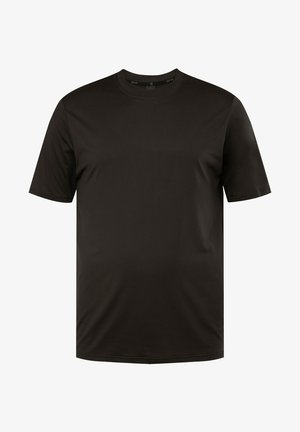 Sort kortærmet t-shirt lavet af glat stof, med en rund hals og en afslappet pasform. Ingen synlige mønstre eller detaljer.