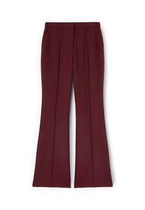 Slim-fit burgundy pants with front pleats and side pockets, flared slightly at the hem, displayed flat on a white background.