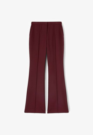Slim-fit burgundy pants with front pleats and side pockets, flared slightly at the hem, displayed flat on a white background.