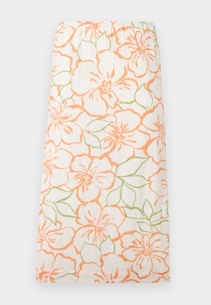 Witte rok met grote oranje bloemenpatronen en groene bladeren, voorzien van een elastische tailleband en een rechte snit.