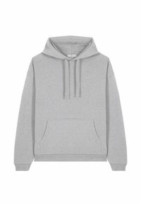 Felpa con cappuccio grigia realizzata in tessuto misto cotone, dotata di una tasca frontale a marsupio, polsini a costine e un design semplice e privo di decorazioni.