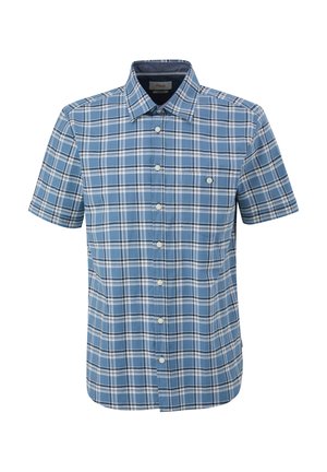 Kurzarm-Hemd aus karierter Baumwolle in Blau und Weiß, mit Knopfverschluss, klassischem Kragen und einer kleinen Brusttasche. Strukturierter Baumwollstoff.