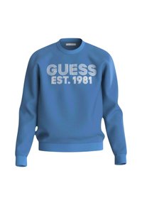 Felpa blu in misto cotone, con colletto a coste e polsini. "GUESS EST. 1981" stampato in bianco sul davanti.