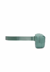 Teal crossbody bag made of textured fabric with a rectangular shape, featuring a zipper closure and a coordinating strap.