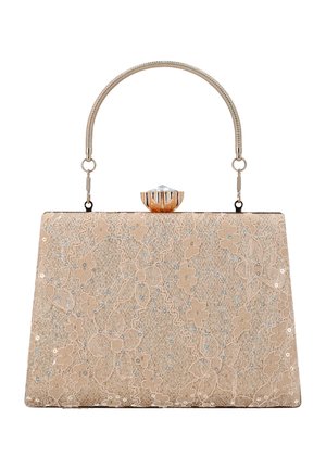 Beige rektangulær aftenkvoste med blomsterblonde, små blå perler, et håndtag i guldton og en stor dekorativ ædelstenglæde på toppen.