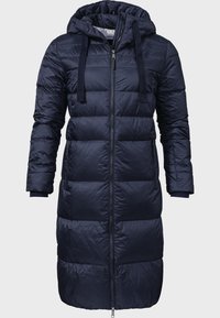 Marineblauer gepolsterter Steppmantel mit Kapuze, durchgehendem Reißverschluss, elastischen Bündchen, zwei Reißverschlusstaschen und einem gesteppten Design.