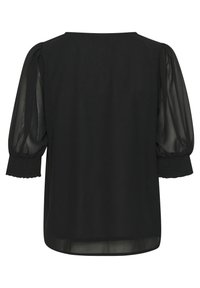 Zwarte blouse met doorzichtige pofmouwen met smockmanchetten en een ronde hals. De achterkant is effen met een licht gebogen zoom.