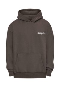 Brauner Hoodie mit Kängurutasche, versehen mit einem weißen, gestickten "Dropsize"-Logo auf der linken Brust. Aus weichem, strukturiertem Stoff gefertigt.