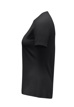 Zwarte T-shirt met korte mouwen en ronde hals, van links weergegeven tegen een effen witte achtergrond.